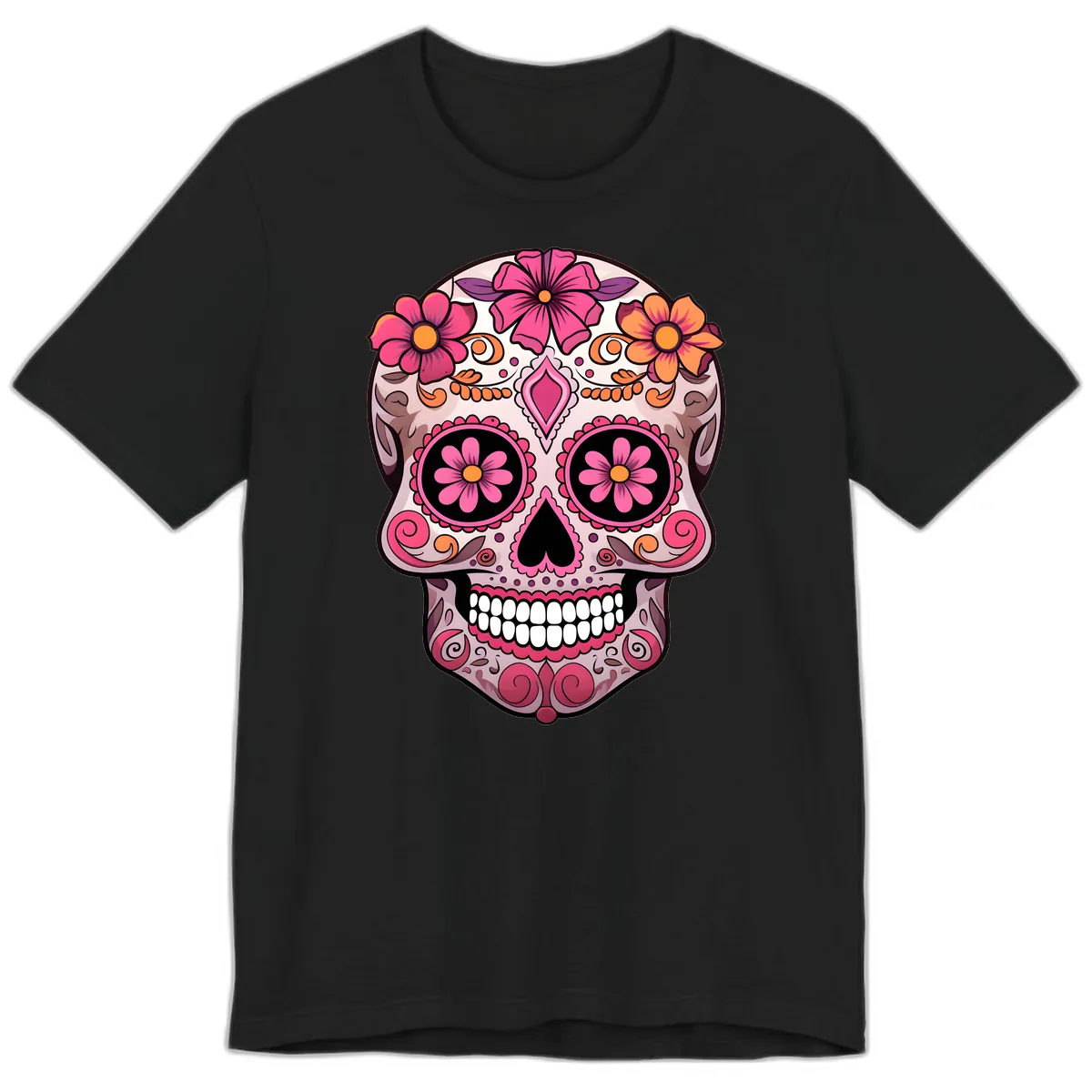 Ornate Floral Sugar Skull Calavera Art Premium T-Shirt in Black