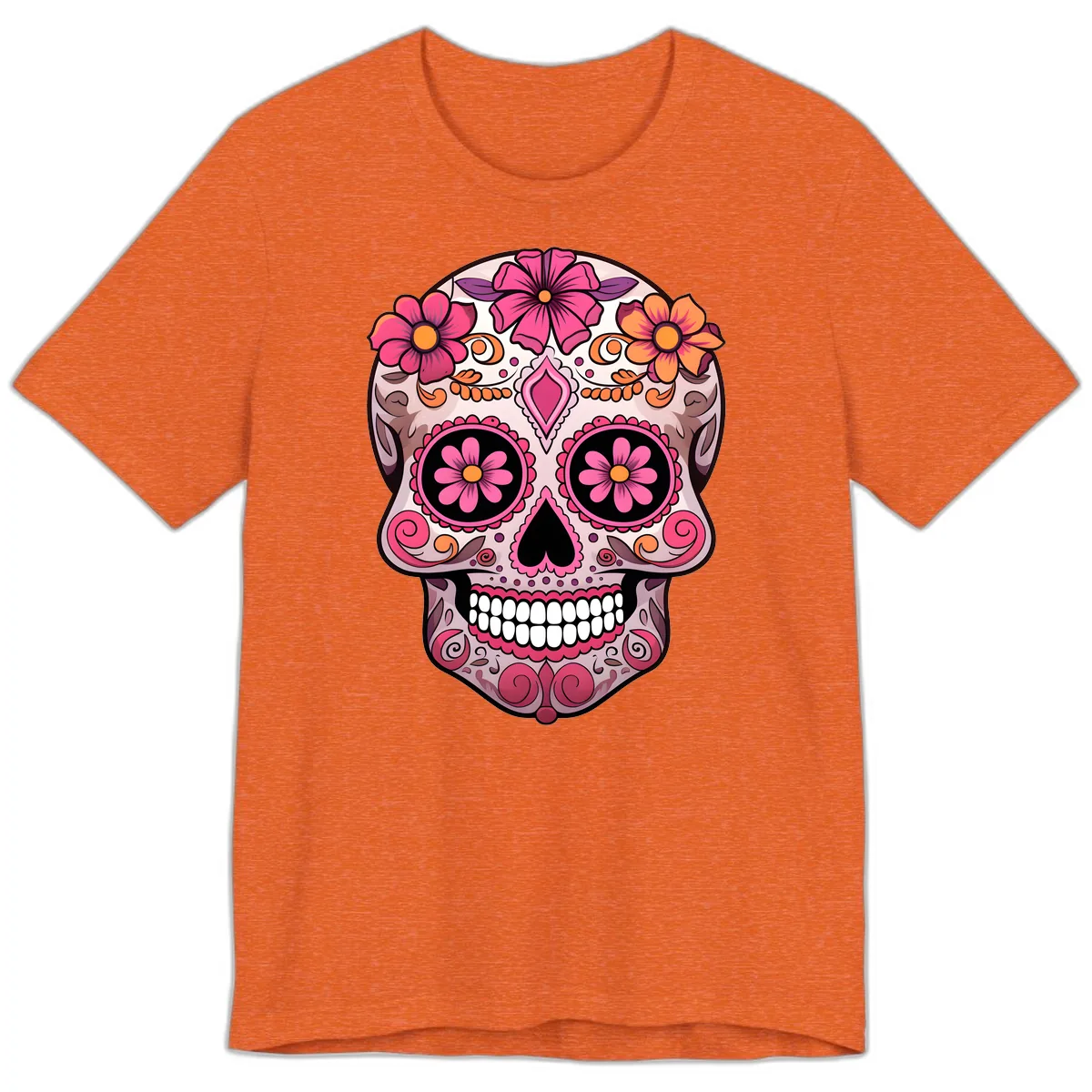 Ornate Floral Sugar Skull Calavera Art Premium T-Shirt in Heather Orange