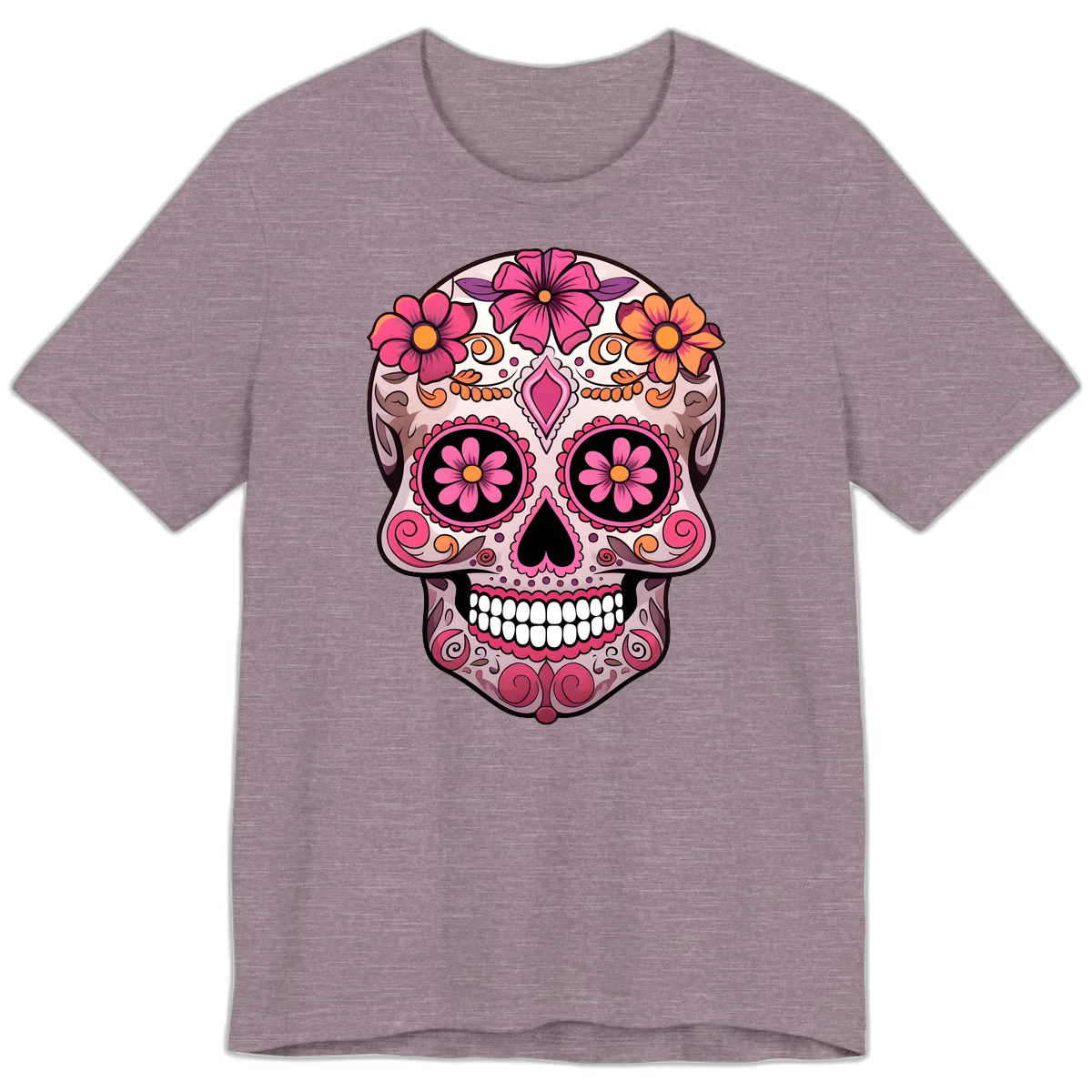 Ornate Floral Sugar Skull Calavera Art Premium T-Shirt in Heather Purple