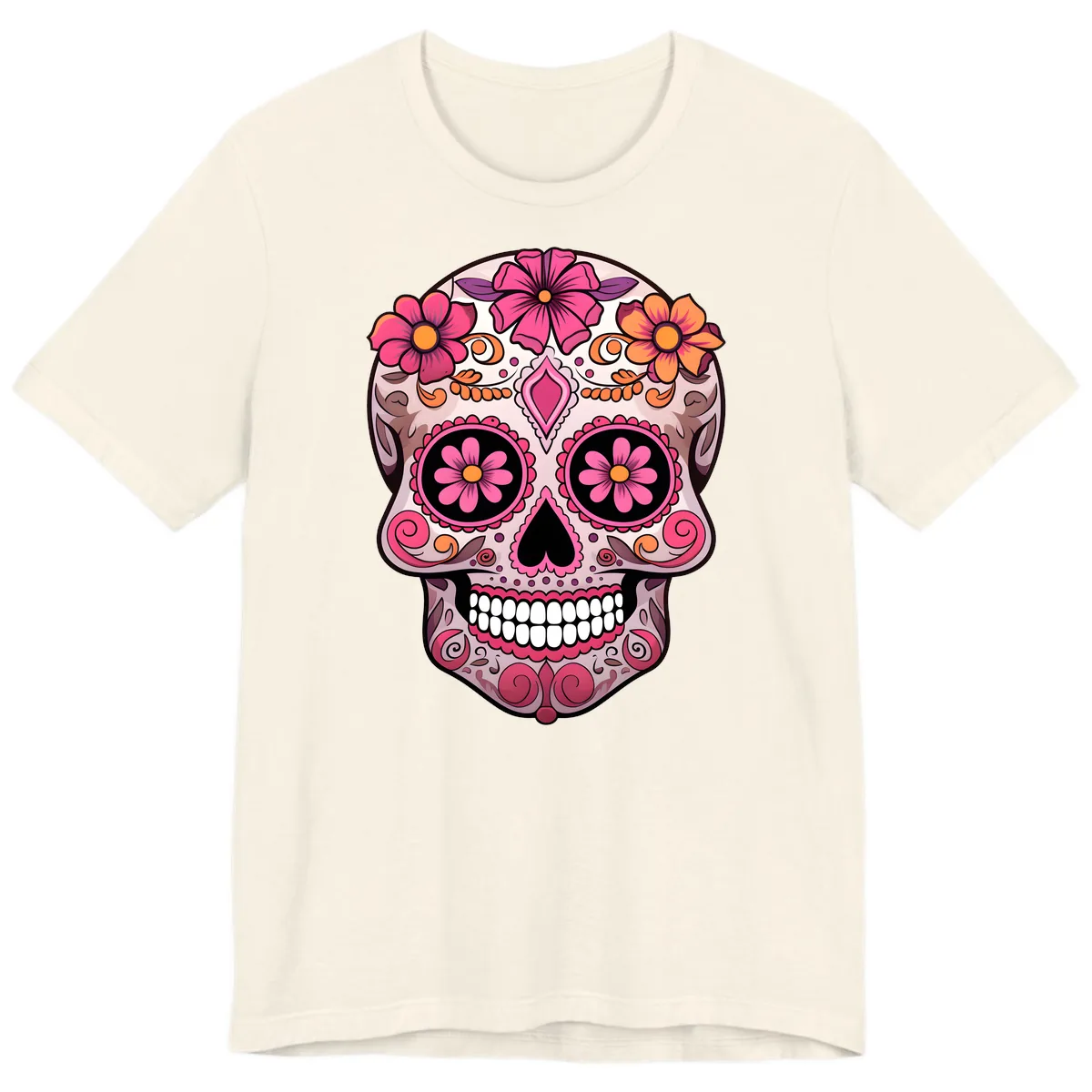 Ornate Floral Sugar Skull Calavera Art Premium T-Shirt in Natural