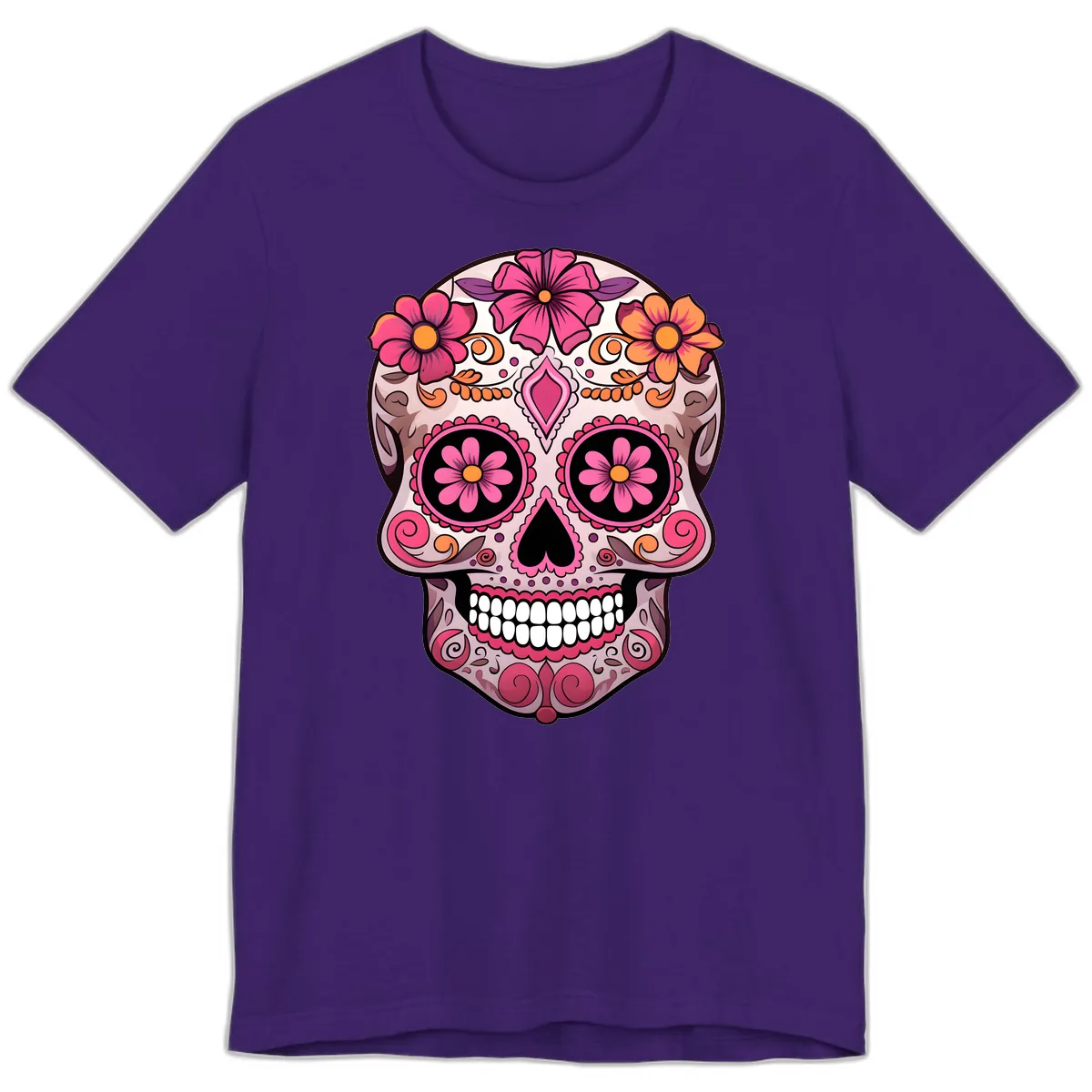 Ornate Floral Sugar Skull Calavera Art Premium T-Shirt in Team Purple