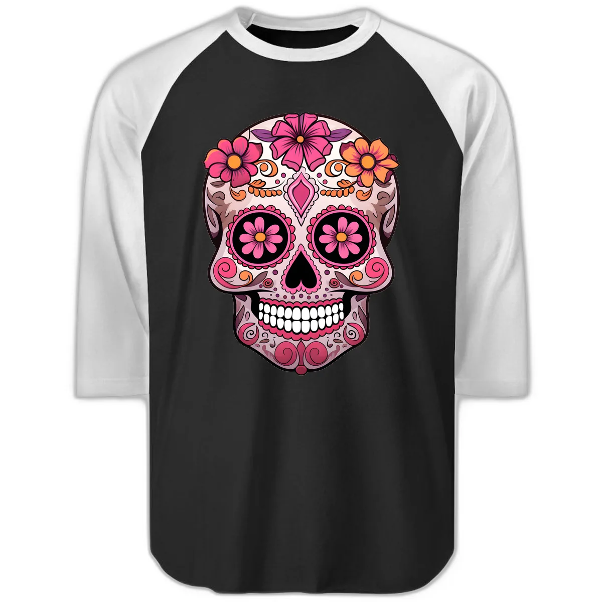 Ornate Floral Sugar Skull Calavera Art Raglan 3/4 in Black White