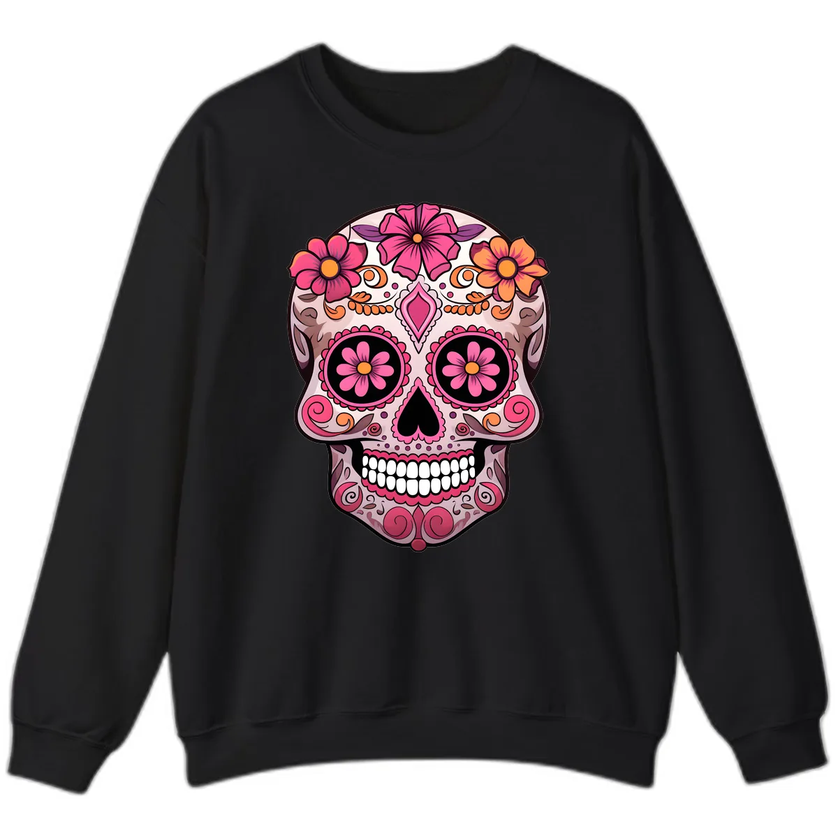 Ornate Floral Sugar Skull Calavera Art Sweatshirt in Black