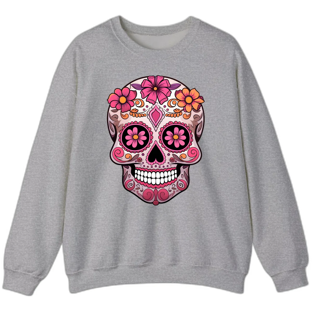 Ornate Floral Sugar Skull Calavera Art Sweatshirt in Sport Grey