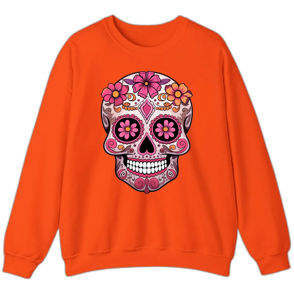 Ornate Floral Sugar Skull Calavera Art Sweatshirt in Orange
