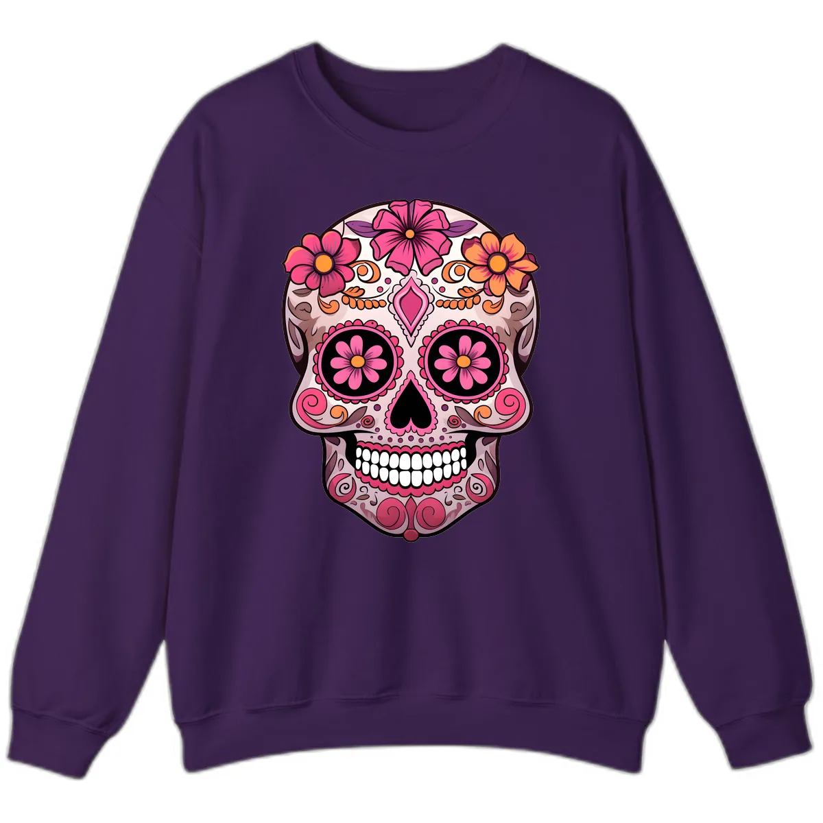 Ornate Floral Sugar Skull Calavera Art Sweatshirt in Purple