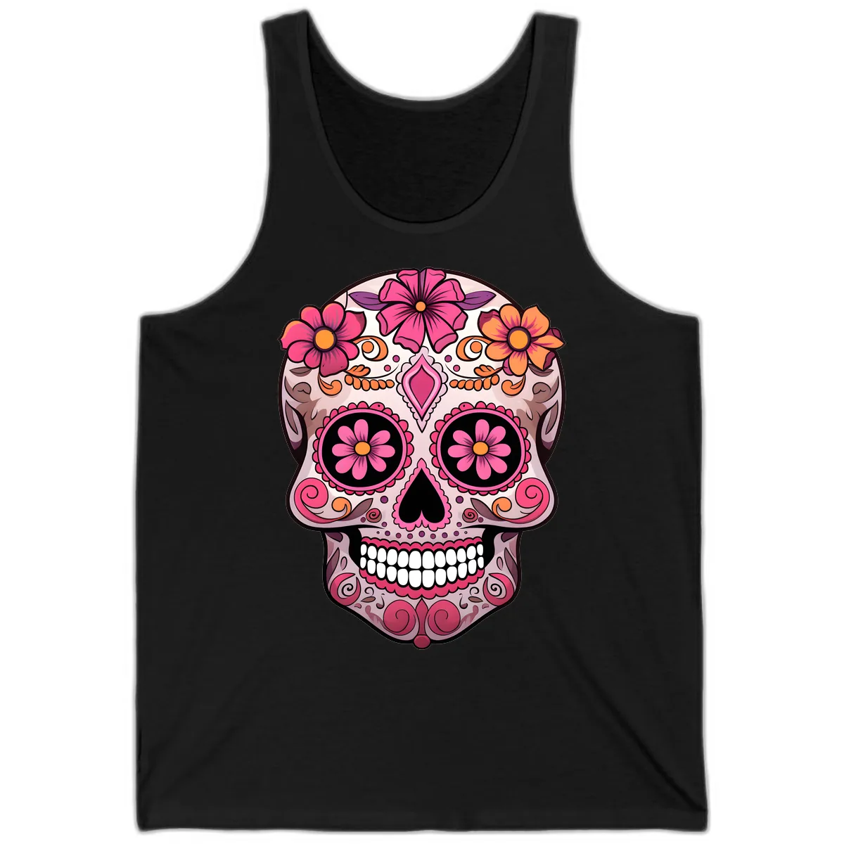 Ornate Floral Sugar Skull Calavera Art Tank in Black