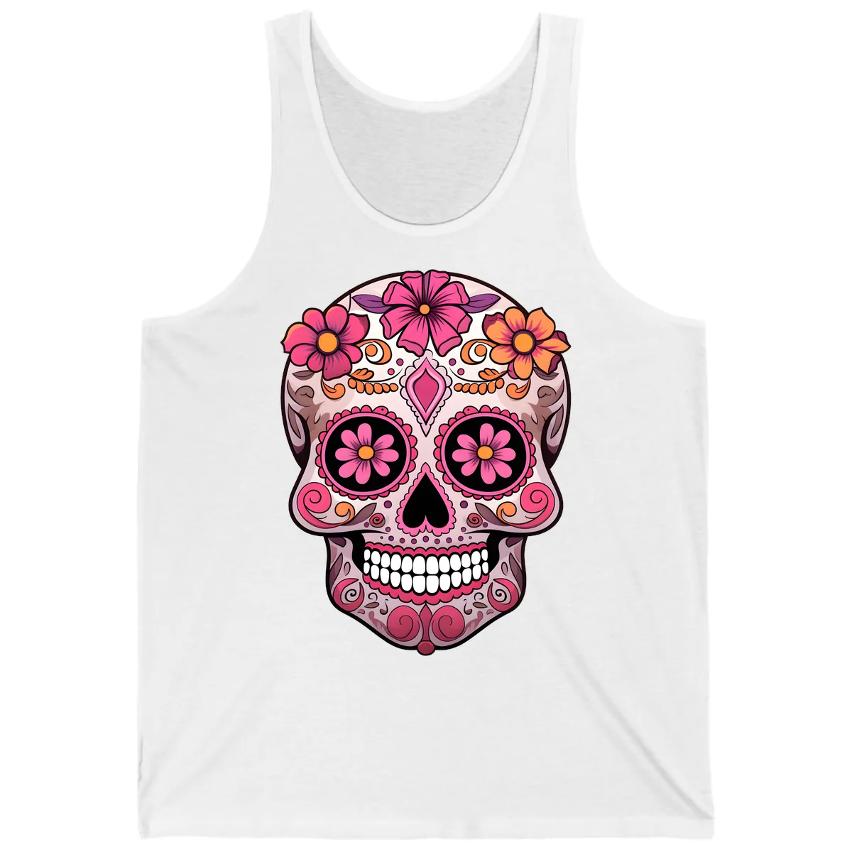 Ornate Floral Sugar Skull Calavera Art Tank in White