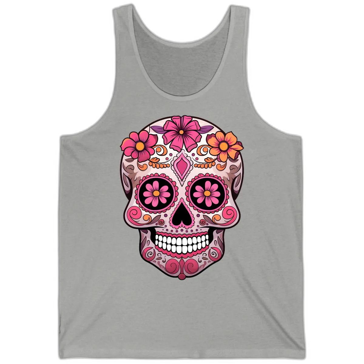 Ornate Floral Sugar Skull Calavera Art Tank in Athletic Heather