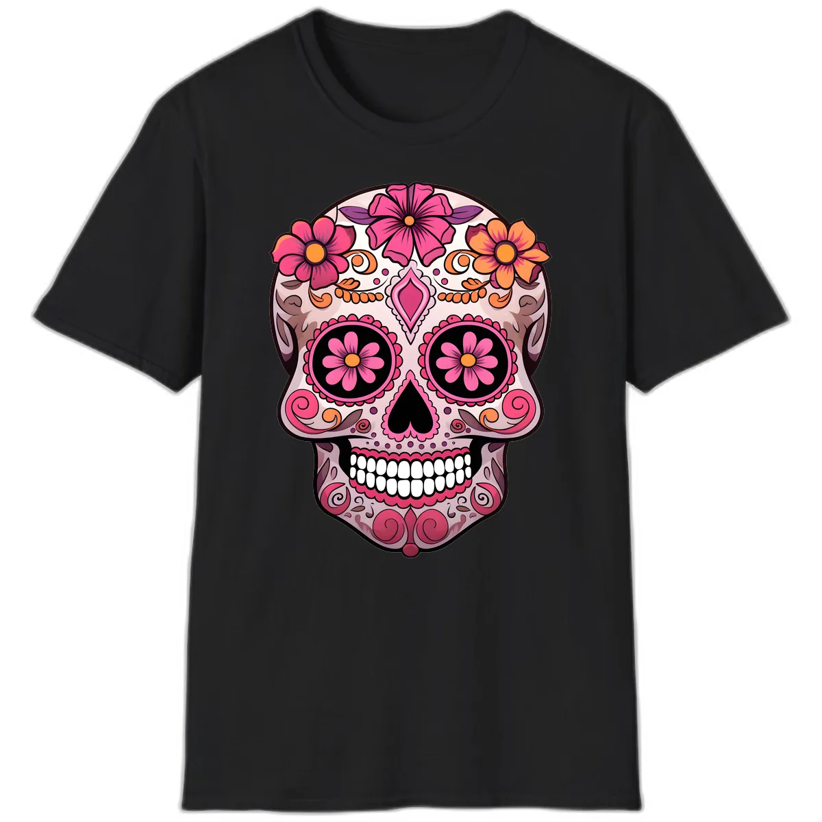 Ornate Floral Sugar Skull Calavera Art T-Shirt in Black