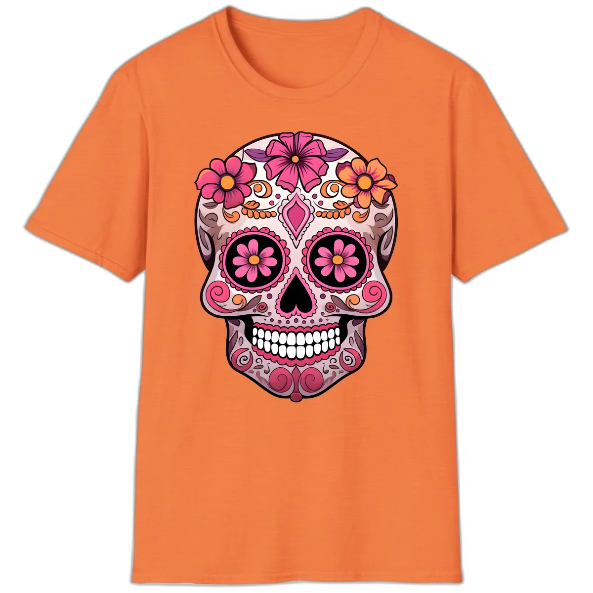 Ornate Floral Sugar Skull Calavera Art T-Shirt in Heather Orange