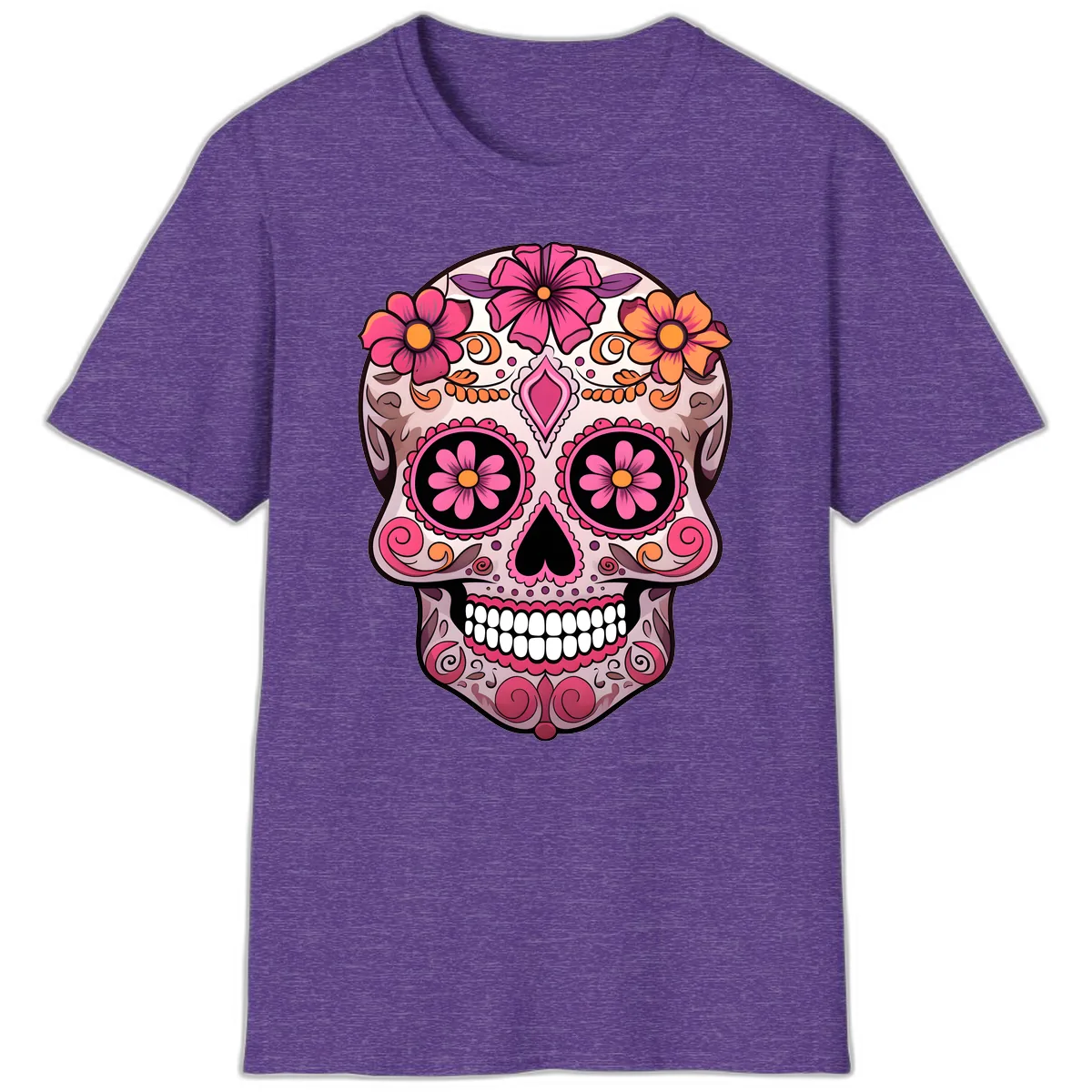 Ornate Floral Sugar Skull Calavera Art T-Shirt in Heather Purple