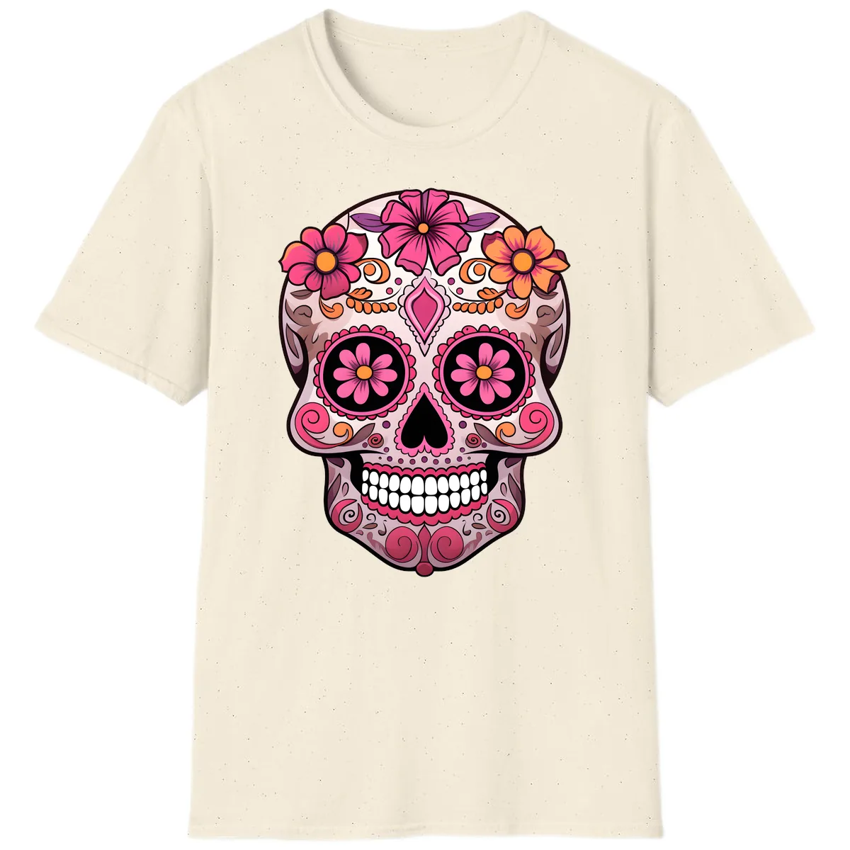Ornate Floral Sugar Skull Calavera Art T-Shirt in Natural