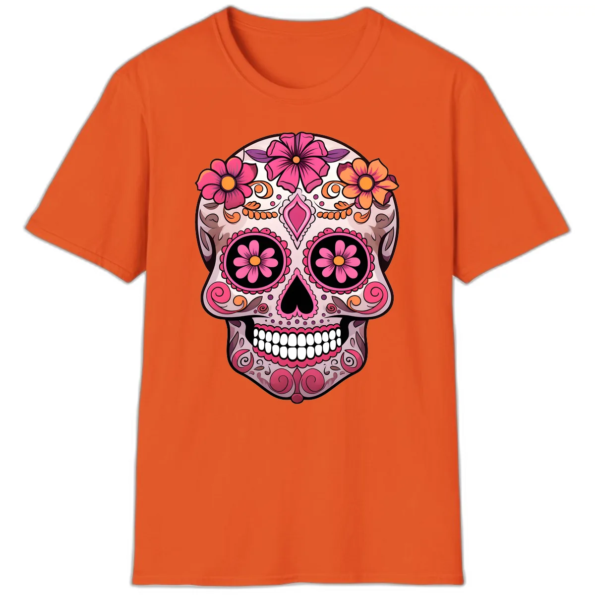 Ornate Floral Sugar Skull Calavera Art T-Shirt in Orange