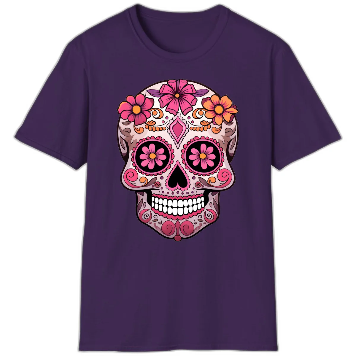 Ornate Floral Sugar Skull Calavera Art T-Shirt in Purple