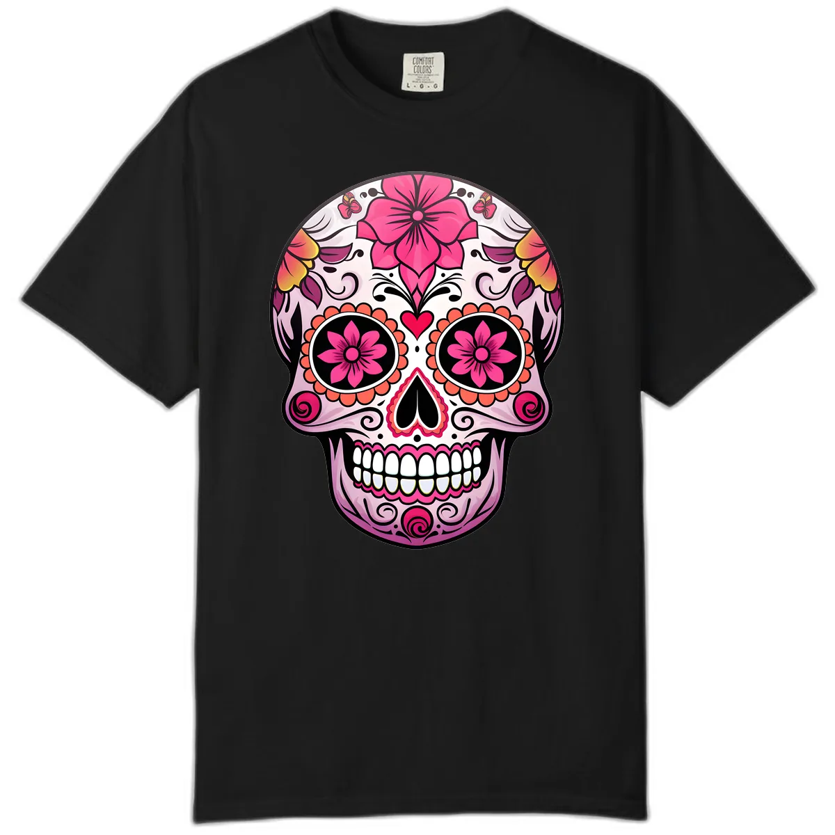 Vibrant Floral Day Of The Dead Sugar Skull Comfort Color in Black