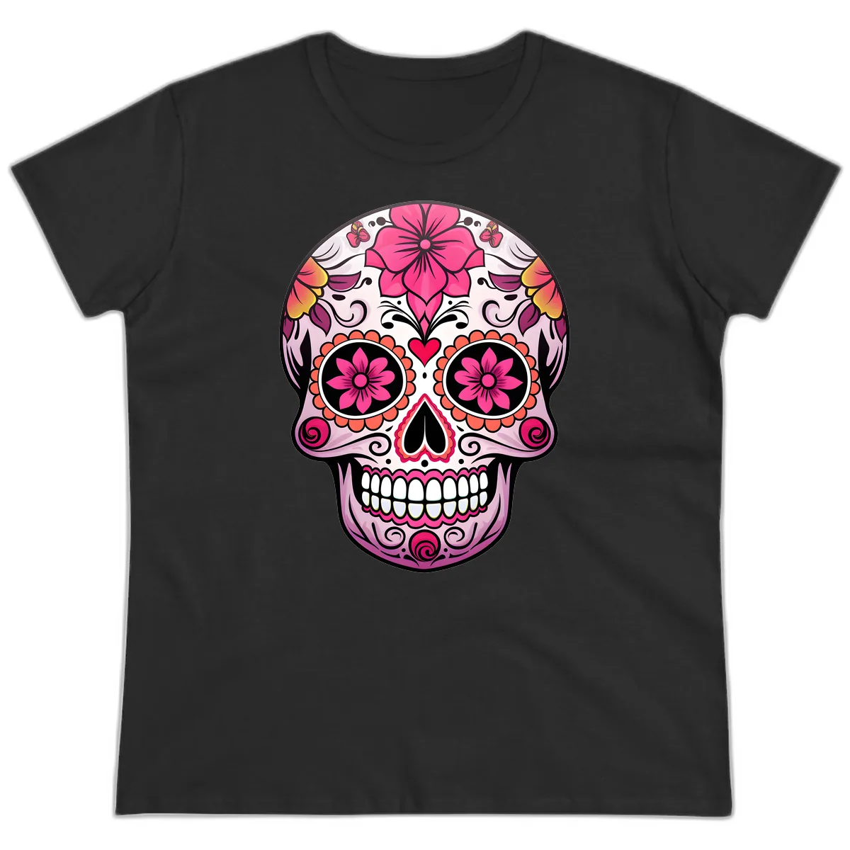 Vibrant Floral Day Of The Dead Sugar Skull Ladies Tee in Black