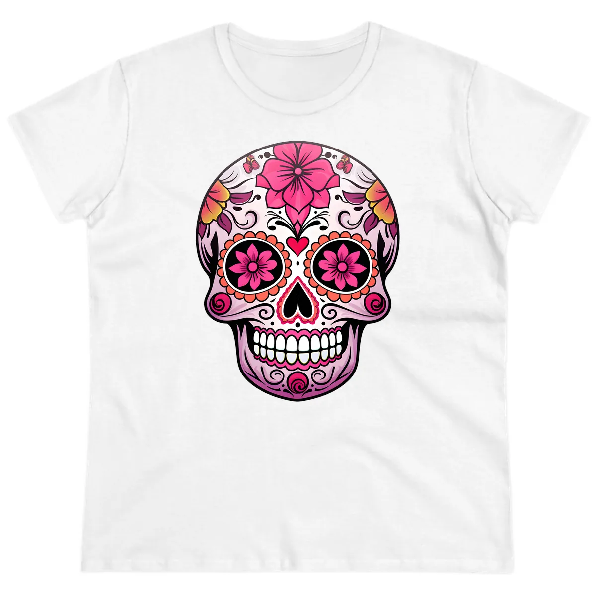 Vibrant Floral Day Of The Dead Sugar Skull Ladies Tee in White