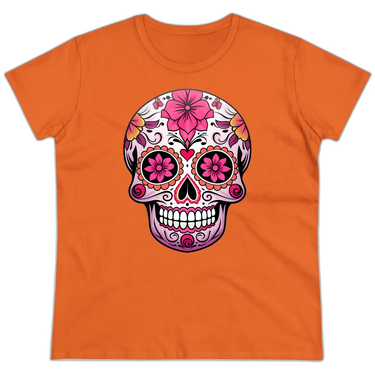Vibrant Floral Day Of The Dead Sugar Skull Ladies Tee in Orange