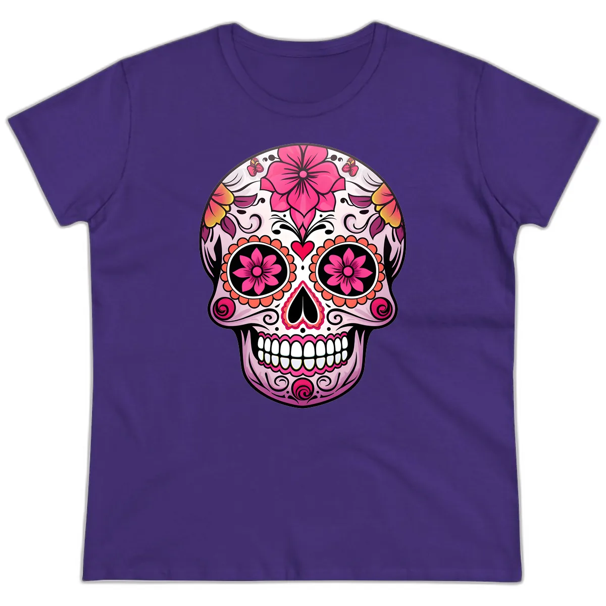 Vibrant Floral Day Of The Dead Sugar Skull Ladies Tee in Purple