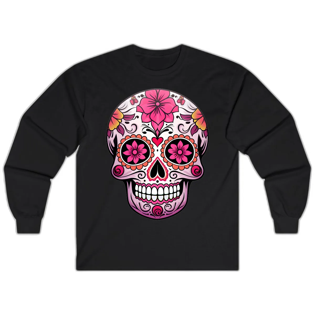Vibrant Floral Day Of The Dead Sugar Skull Long Sleeve in Black