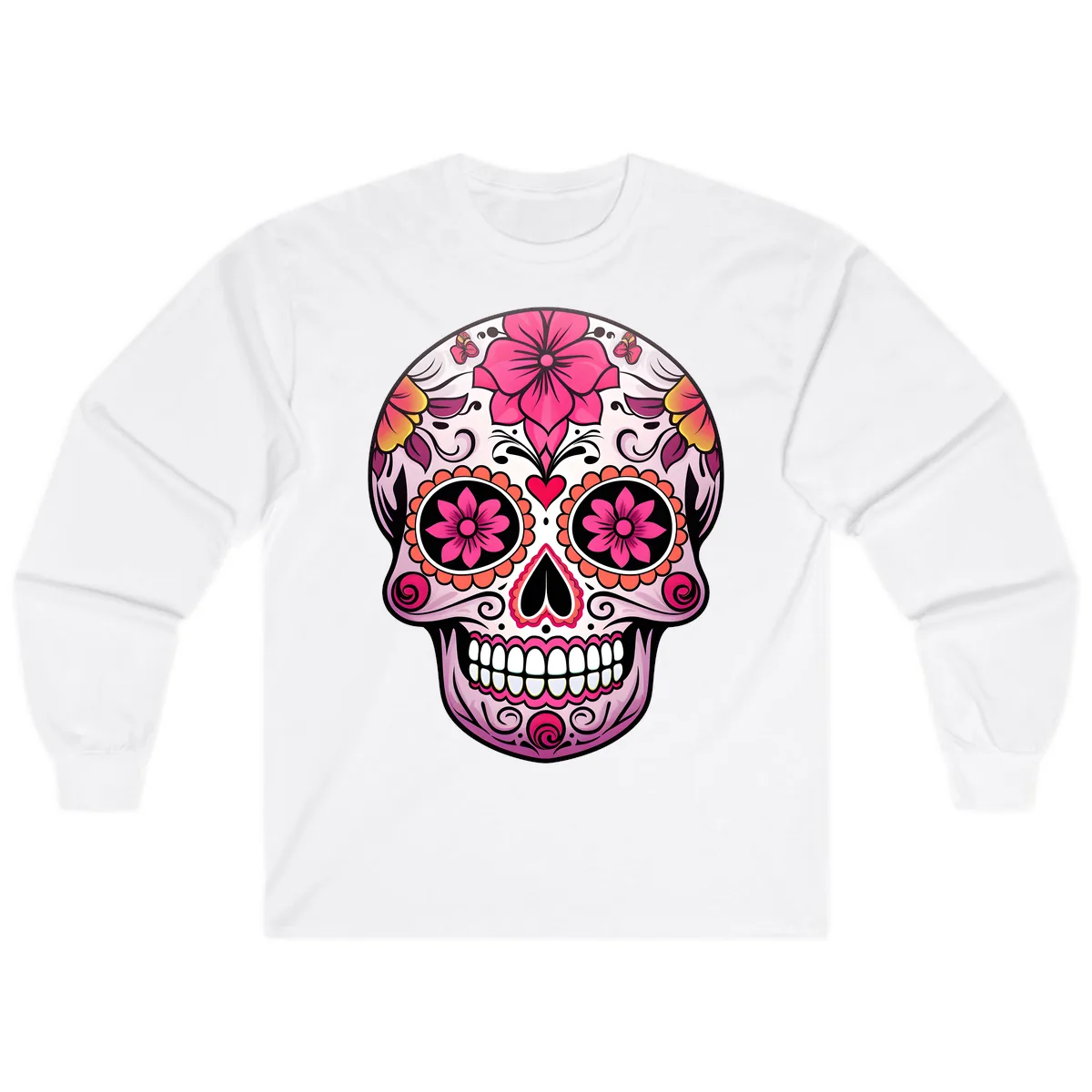 Vibrant Floral Day Of The Dead Sugar Skull Long Sleeve in White