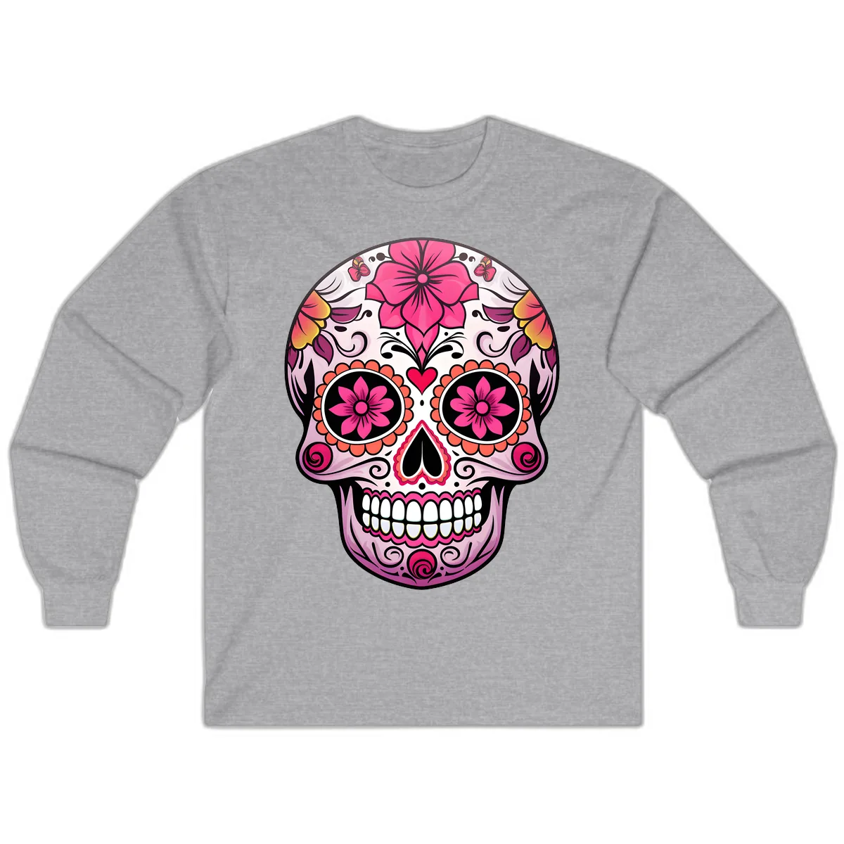 Vibrant Floral Day Of The Dead Sugar Skull Long Sleeve in Sport Grey