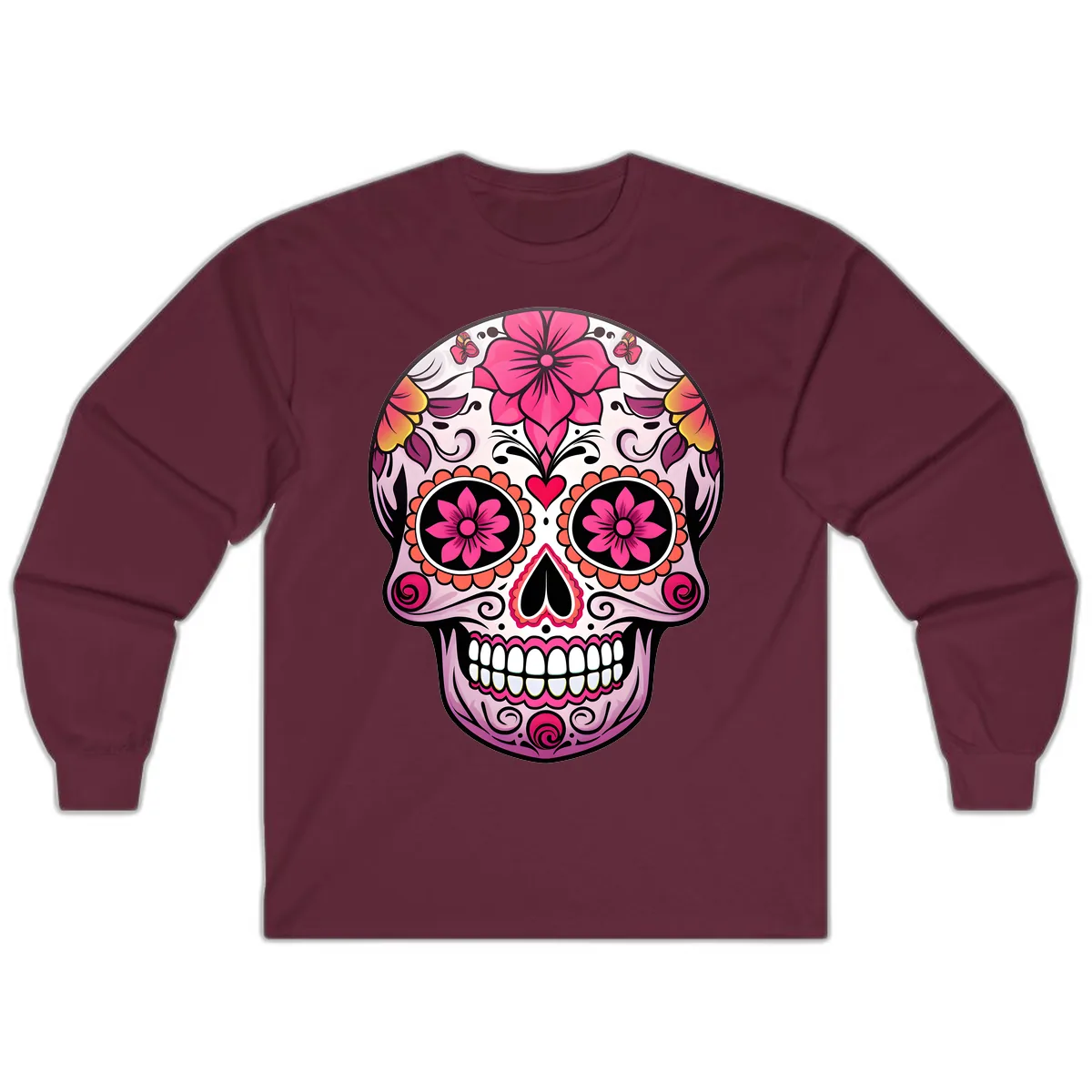 Vibrant Floral Day Of The Dead Sugar Skull Long Sleeve in Maroon