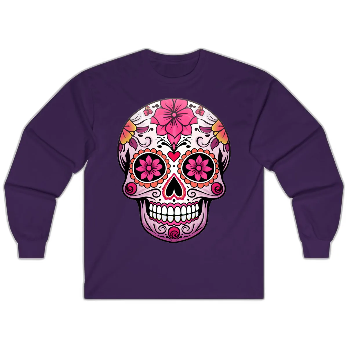Vibrant Floral Day Of The Dead Sugar Skull Long Sleeve in Purple