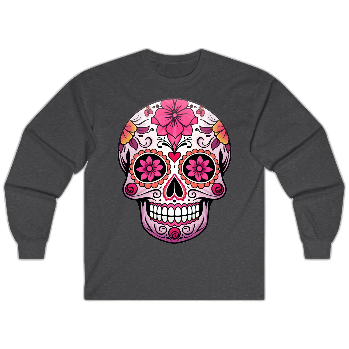 Vibrant Floral Day Of The Dead Sugar Skull Long Sleeve in Dark Heather
