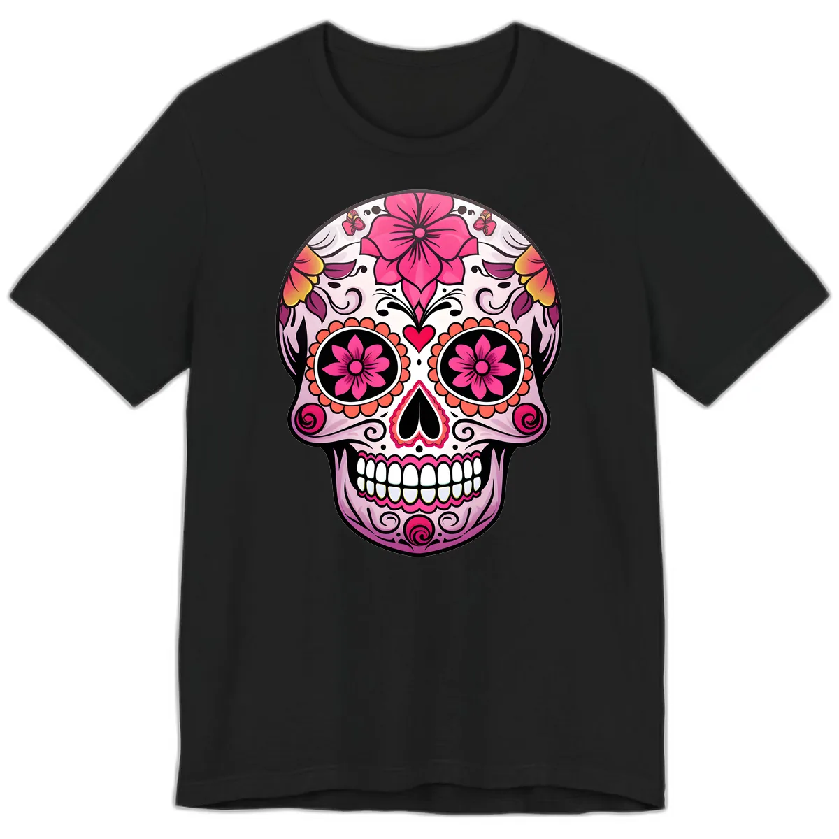 Vibrant Floral Day Of The Dead Sugar Skull Premium T-Shirt in Black