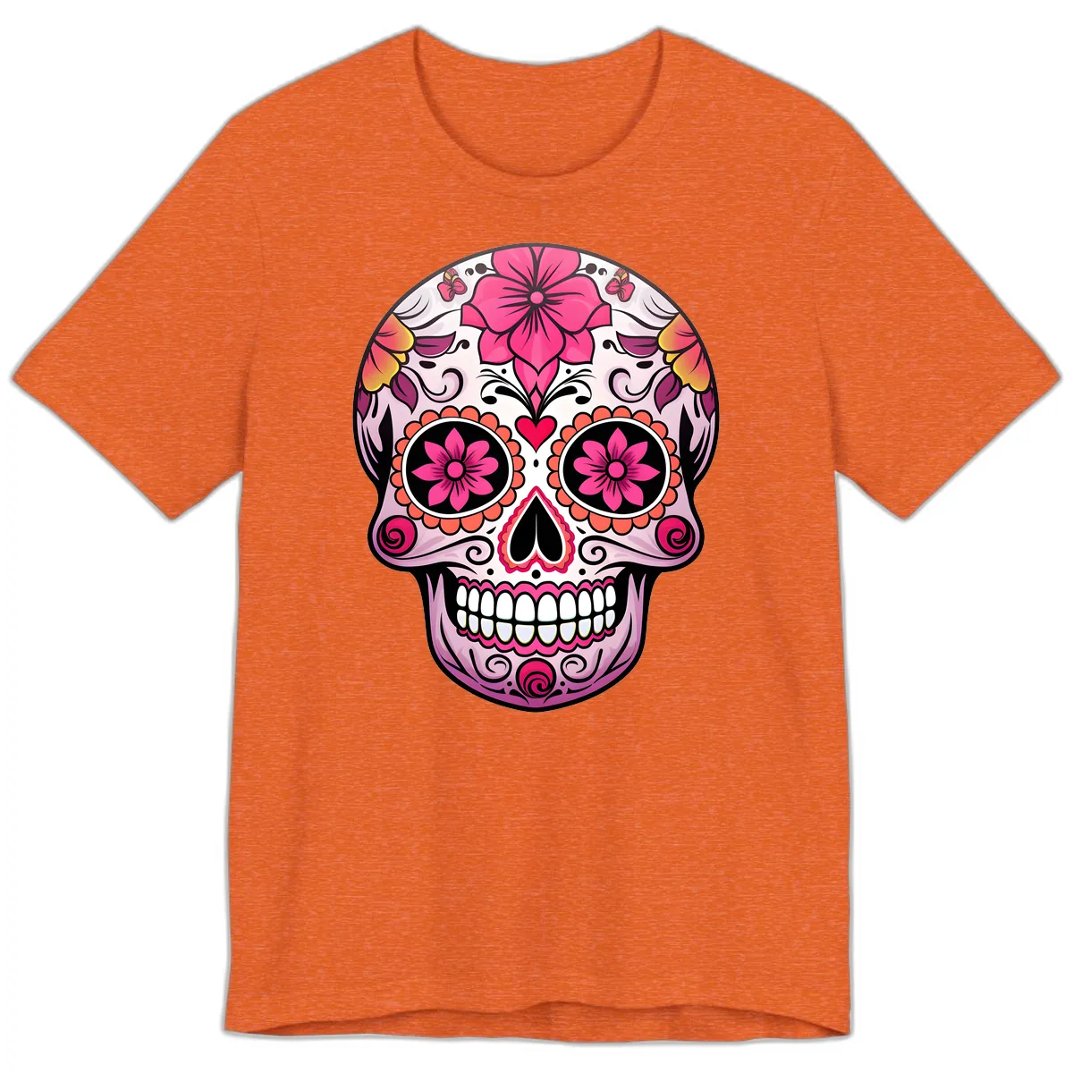 Vibrant Floral Day Of The Dead Sugar Skull Premium T-Shirt in Heather Orange