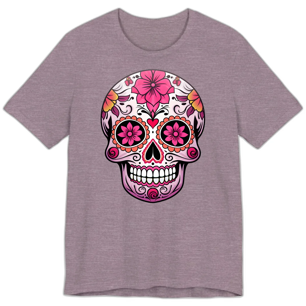 Vibrant Floral Day Of The Dead Sugar Skull Premium T-Shirt in Heather Purple