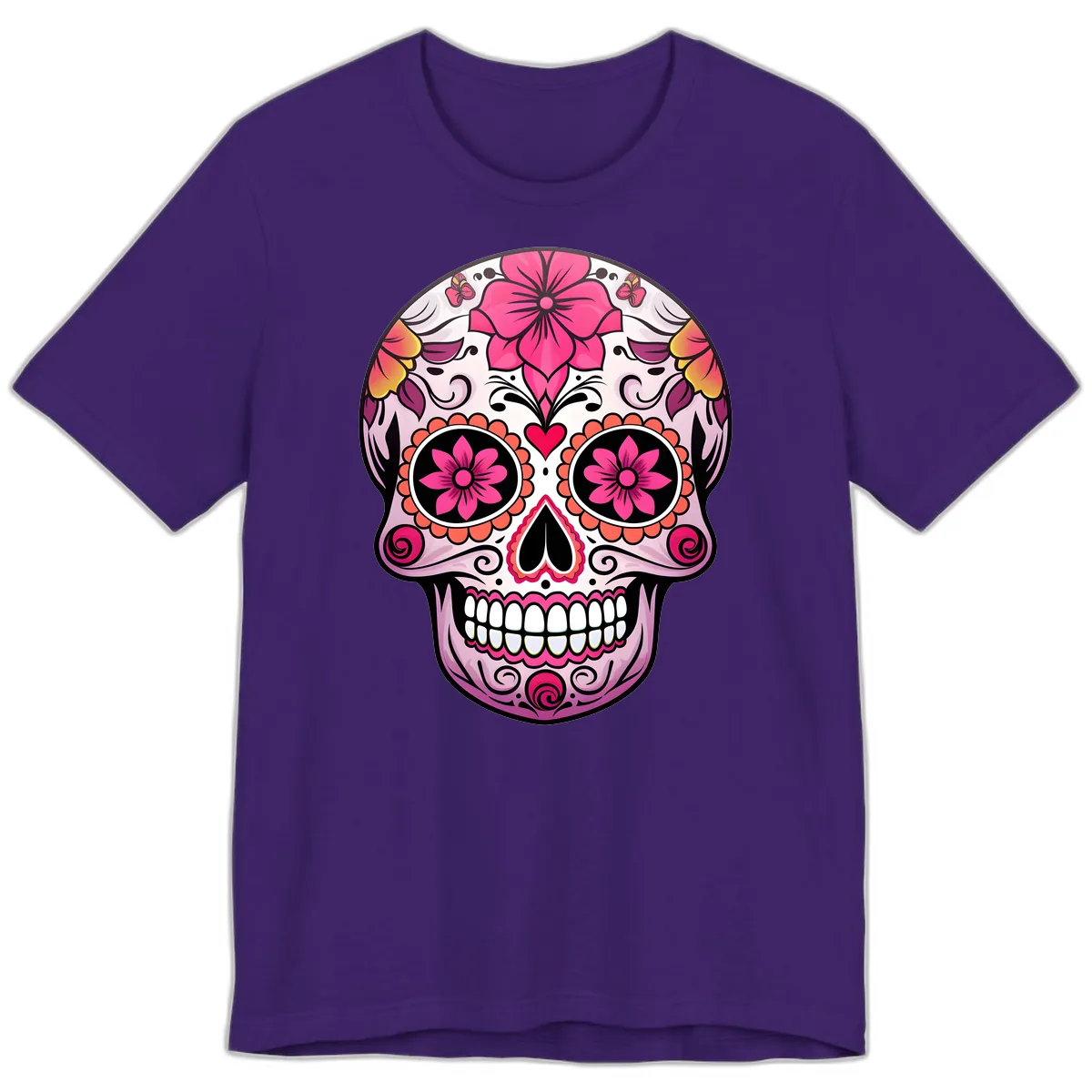 Vibrant Floral Day Of The Dead Sugar Skull Premium T-Shirt in Team Purple