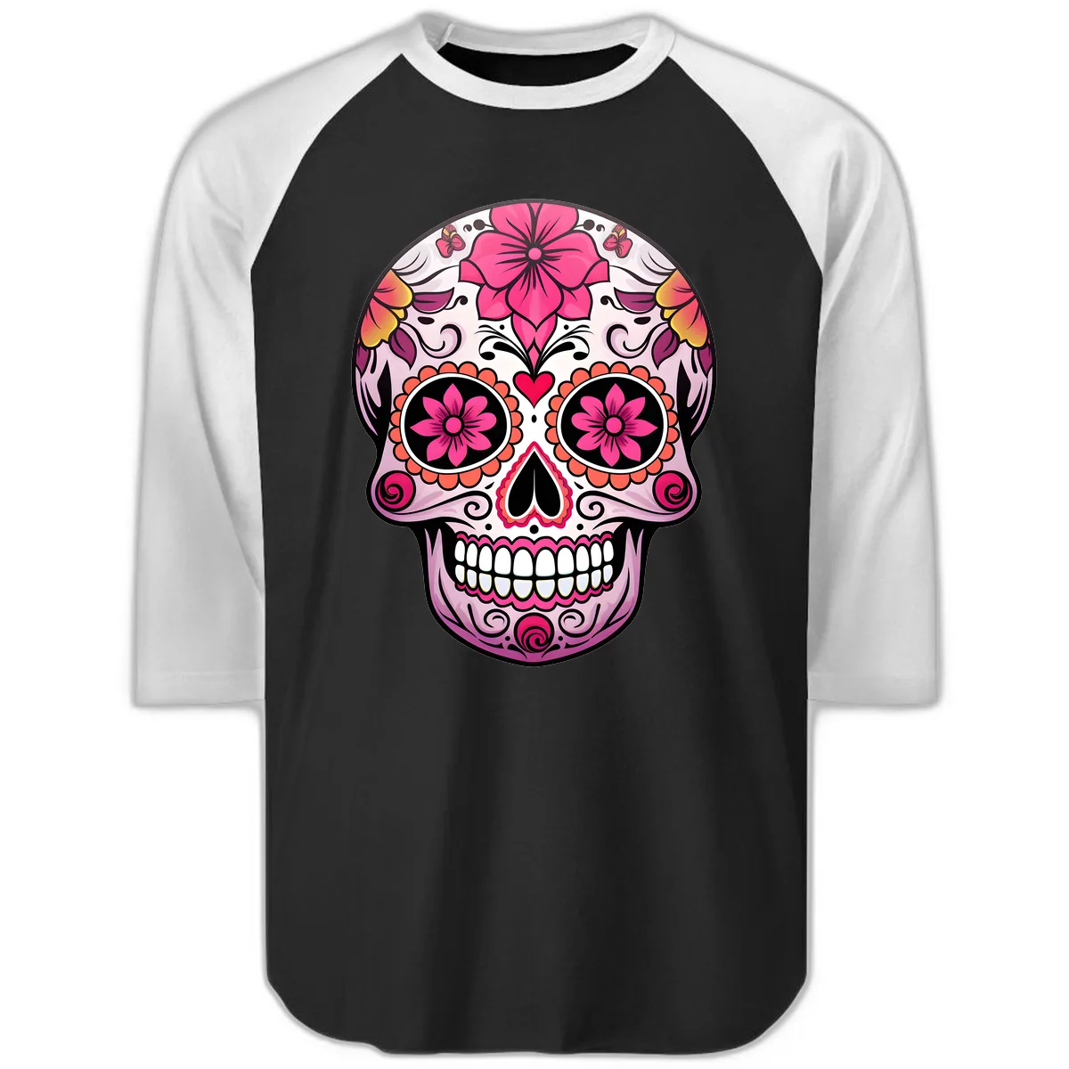 Vibrant Floral Day Of The Dead Sugar Skull Raglan 3/4 in Black White