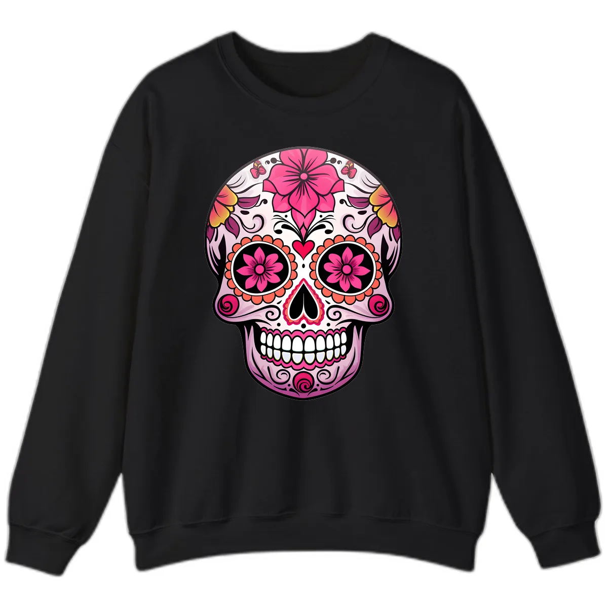 Vibrant Floral Day Of The Dead Sugar Skull Sweatshirt in Black