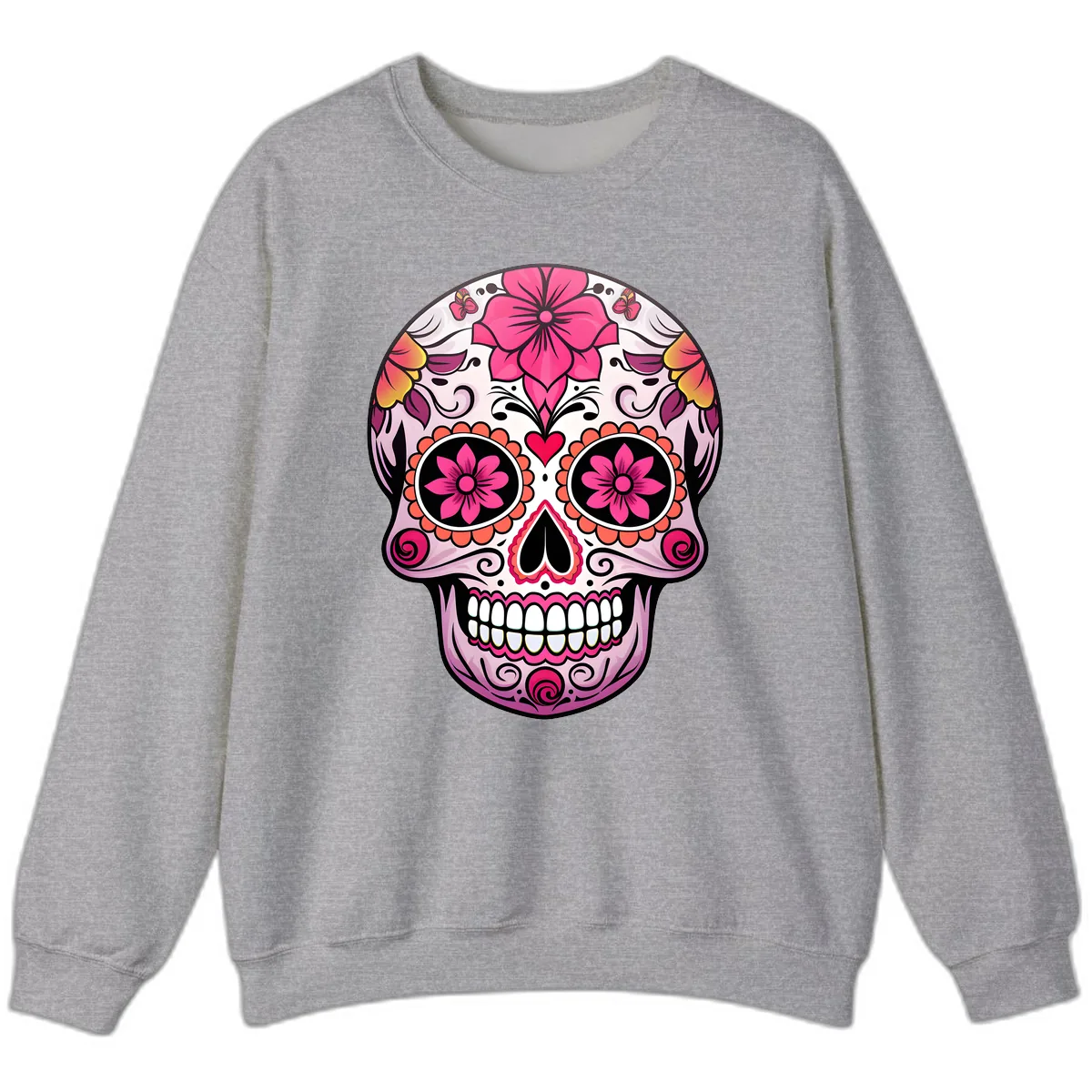 Vibrant Floral Day Of The Dead Sugar Skull Sweatshirt in Sport Grey