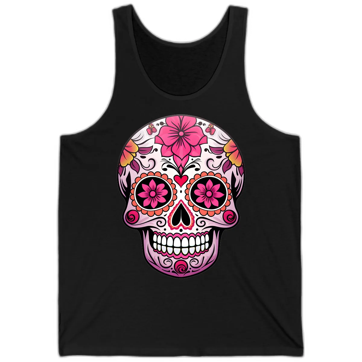 Vibrant Floral Day Of The Dead Sugar Skull Tank in Black