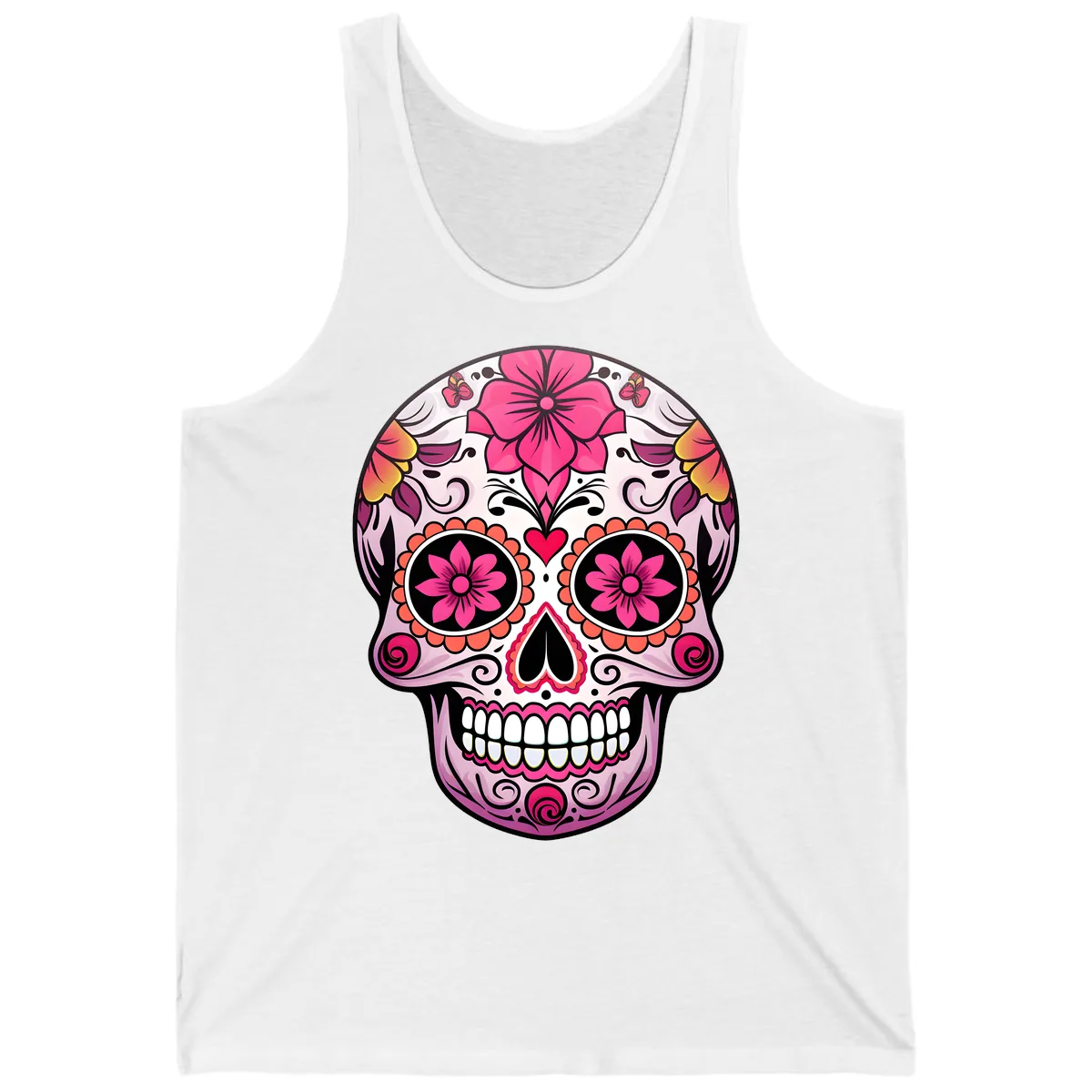 Vibrant Floral Day Of The Dead Sugar Skull Tank in White