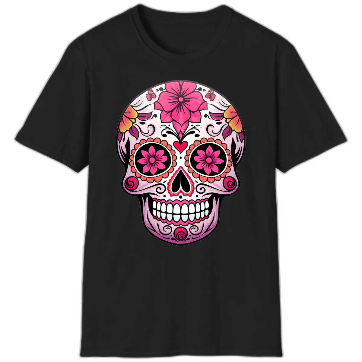 Vibrant Floral Day Of The Dead Sugar Skull T-Shirt in Black
