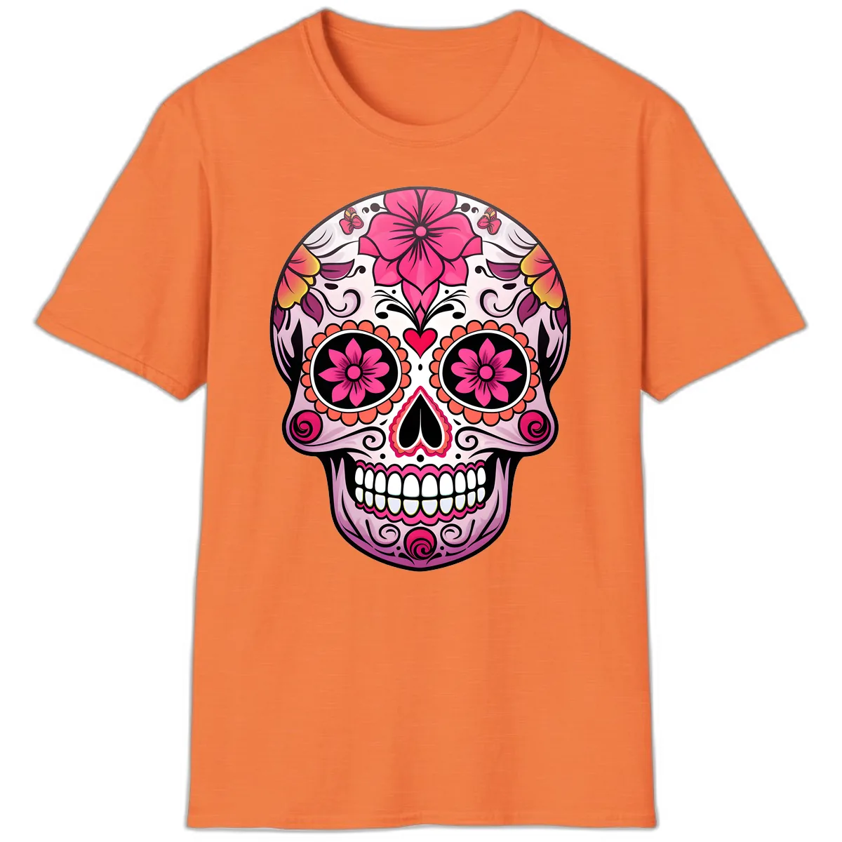 Vibrant Floral Day Of The Dead Sugar Skull T-Shirt in Heather Orange