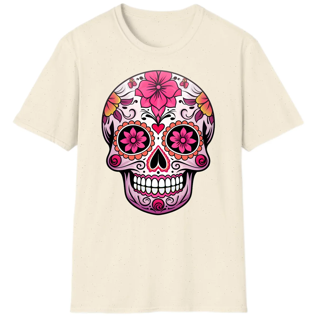 Vibrant Floral Day Of The Dead Sugar Skull T-Shirt in Natural