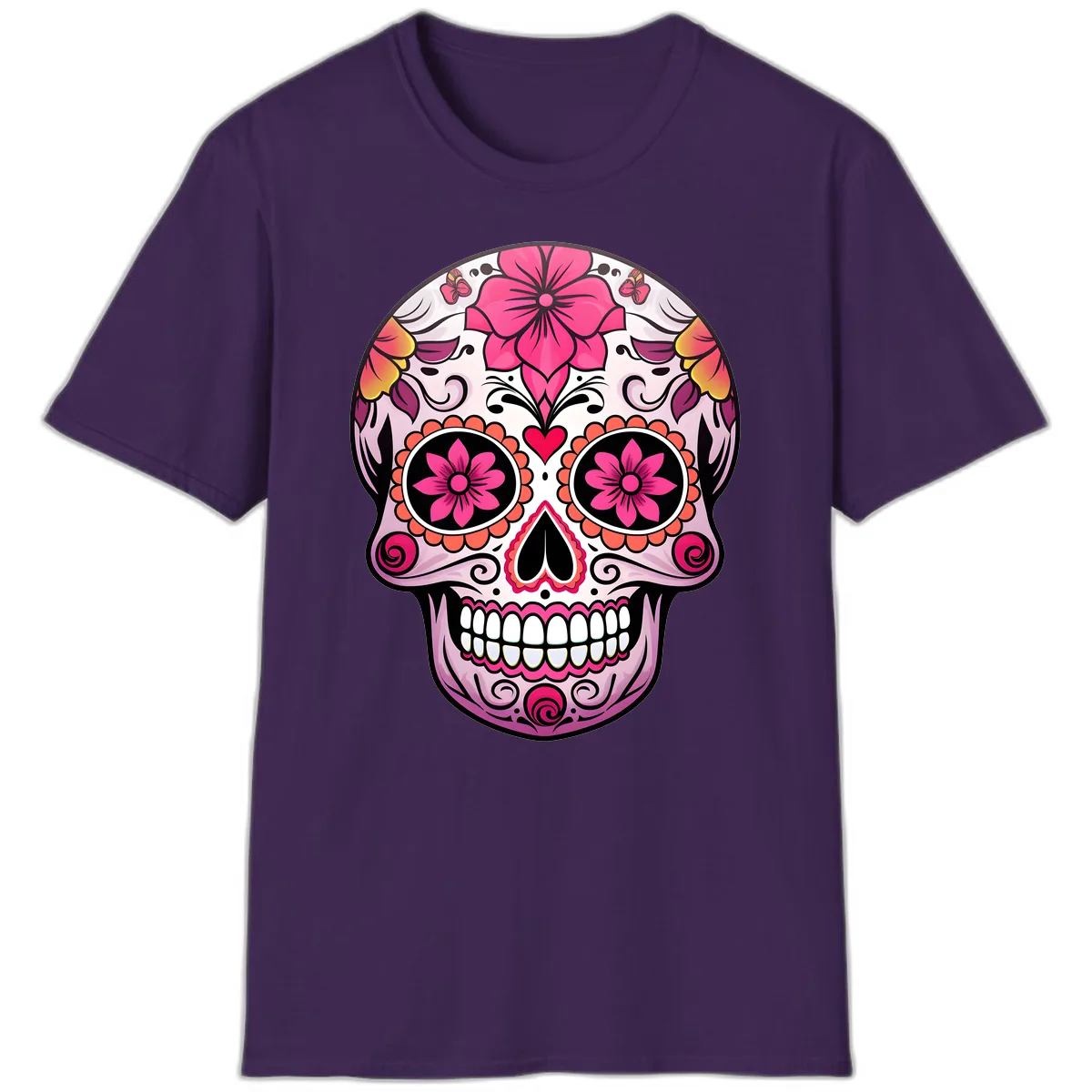 Vibrant Floral Day Of The Dead Sugar Skull T-Shirt in Purple