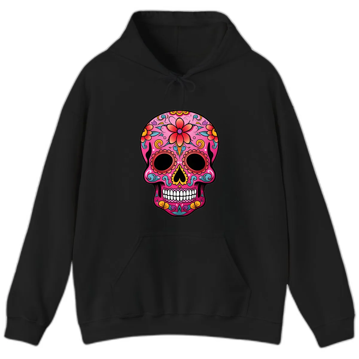 Vibrant Floral Calavera Sugar Skull Hoodie in Black