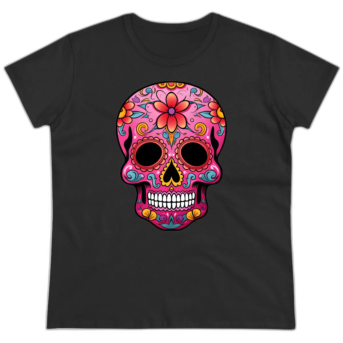 Vibrant Floral Calavera Sugar Skull Ladies Tee in Black