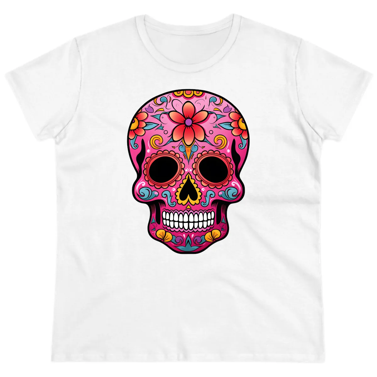 Vibrant Floral Calavera Sugar Skull Ladies Tee in White
