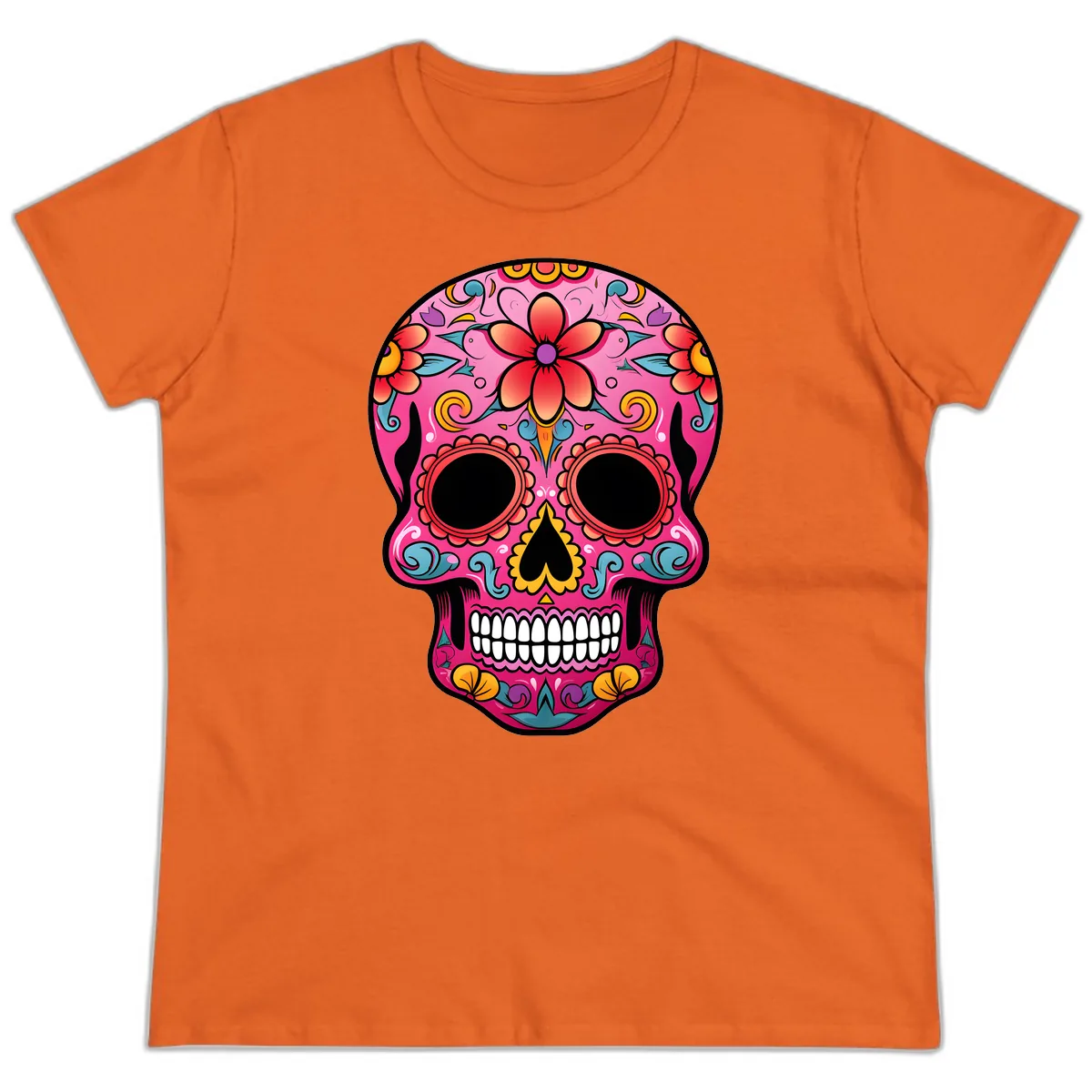 Vibrant Floral Calavera Sugar Skull Ladies Tee in Orange