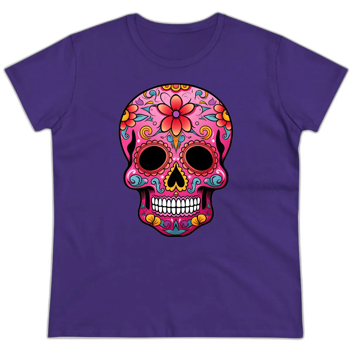 Vibrant Floral Calavera Sugar Skull Ladies Tee in Purple
