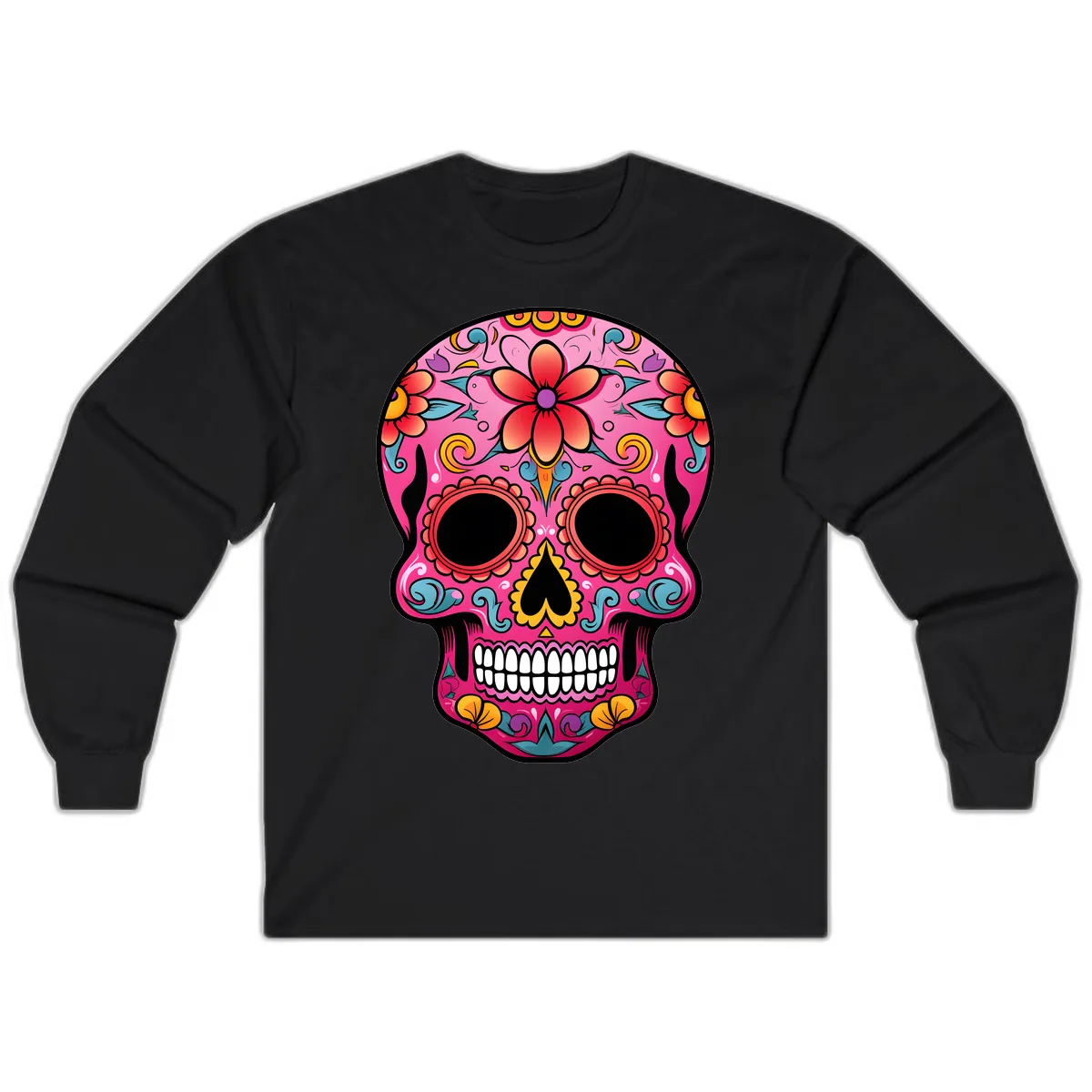 Vibrant Floral Calavera Sugar Skull Long Sleeve in Black