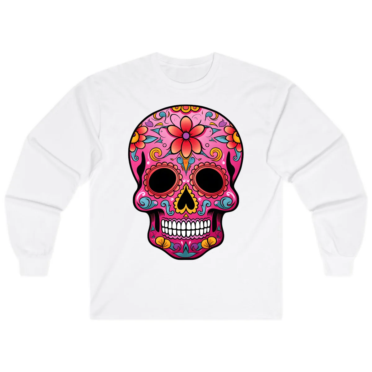 Vibrant Floral Calavera Sugar Skull Long Sleeve in White